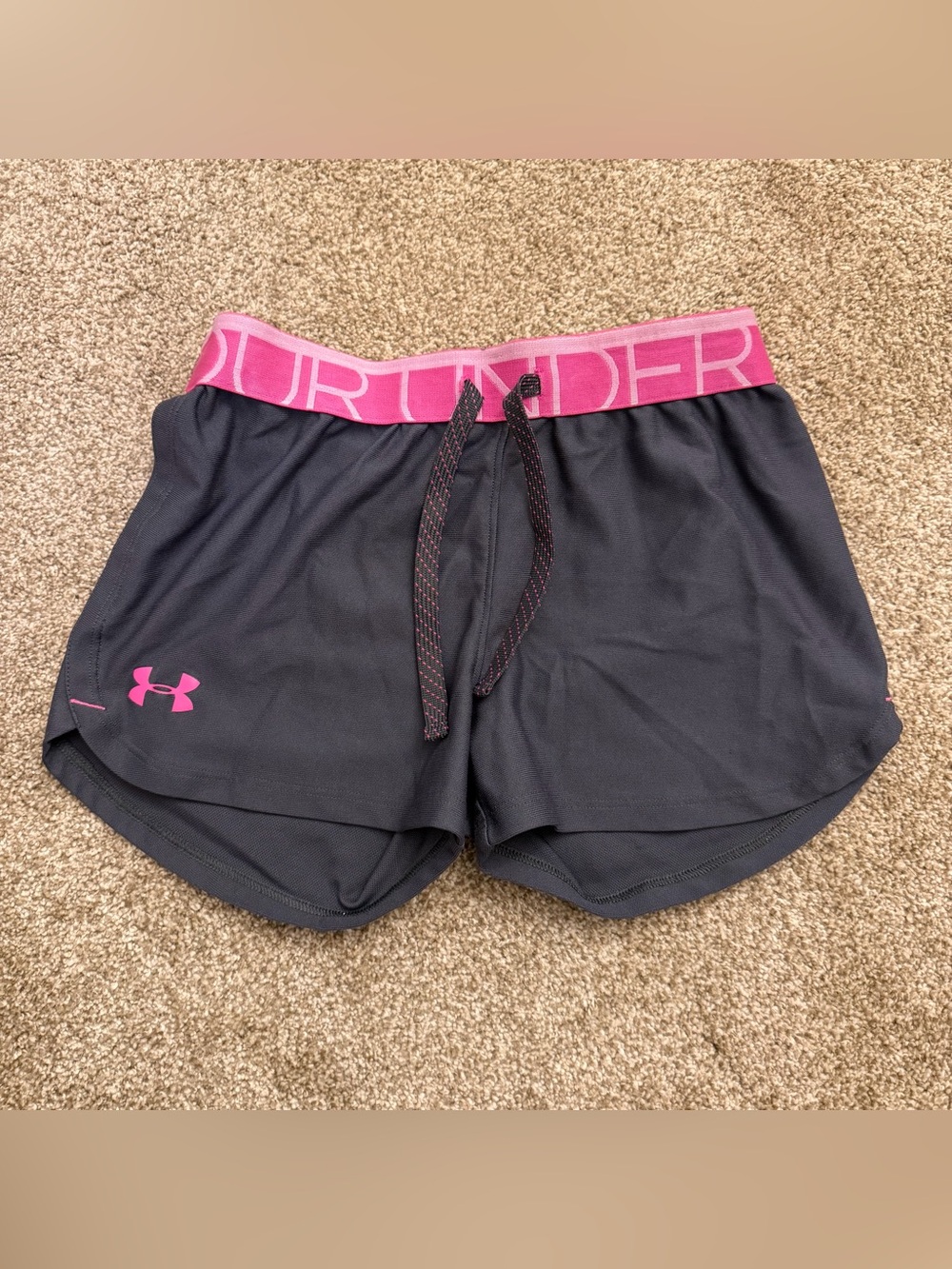Under Armour Girls dark grey Athletic Shorts with Pink Waistband